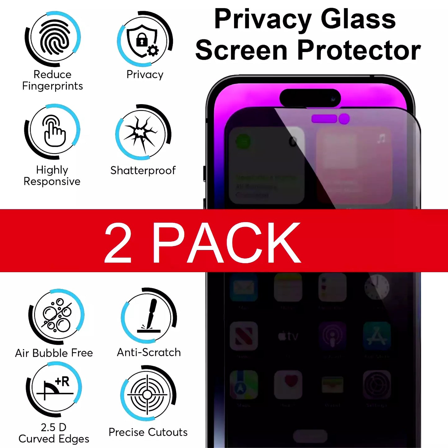 2 Pack Privacy Tempered Glass Screen Protector For iPhone 16 15 14 13 12 11 Max